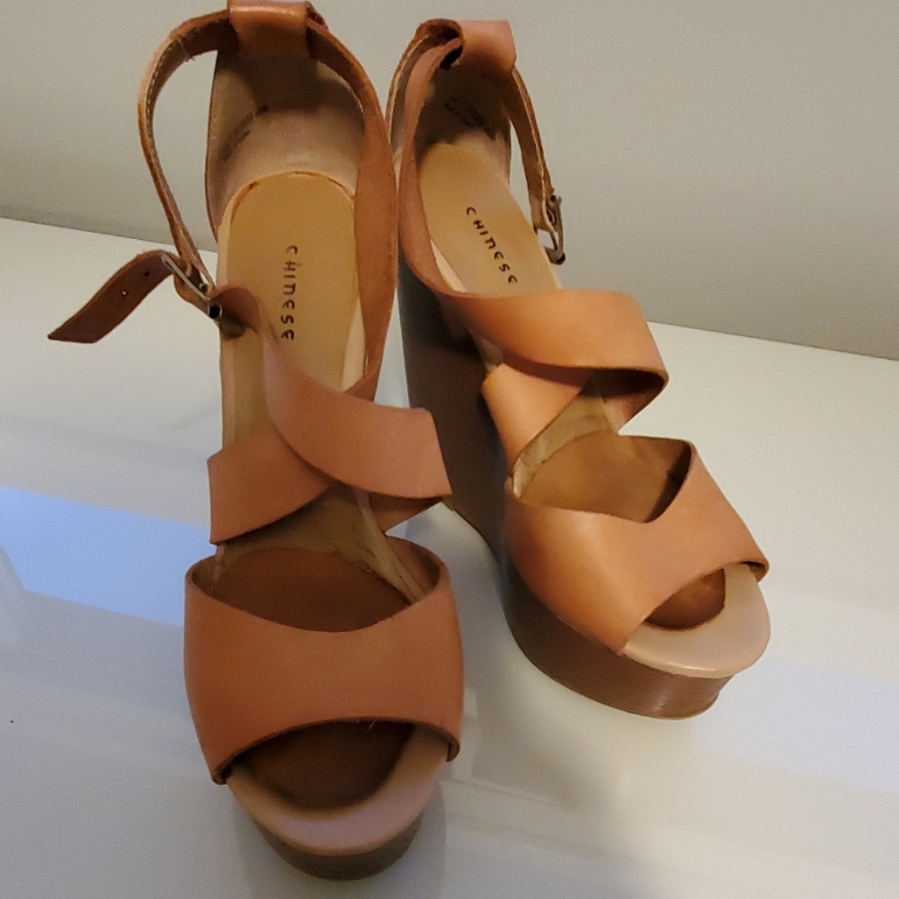 Nude open toe Chinese Laundry wedges 7.5